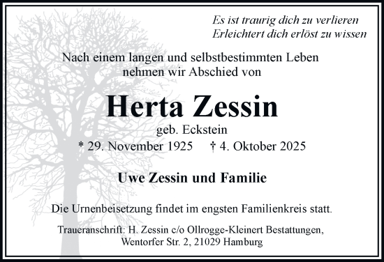 Traueranzeige von Herta Zessin von Bergedorfer Zeitung
