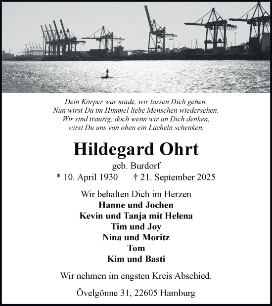 Traueranzeige von Hildegard Ohrt von Hamburger Abendblatt