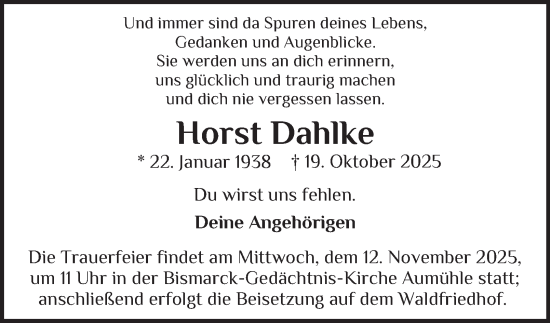 Traueranzeige von Horst Dahlke von Bergedorfer Zeitung