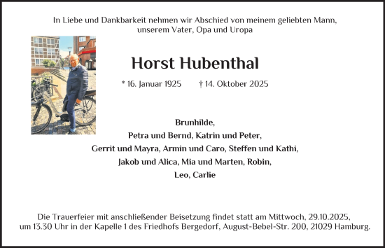 Traueranzeige von Horst Hubenthal von Bergedorfer Zeitung