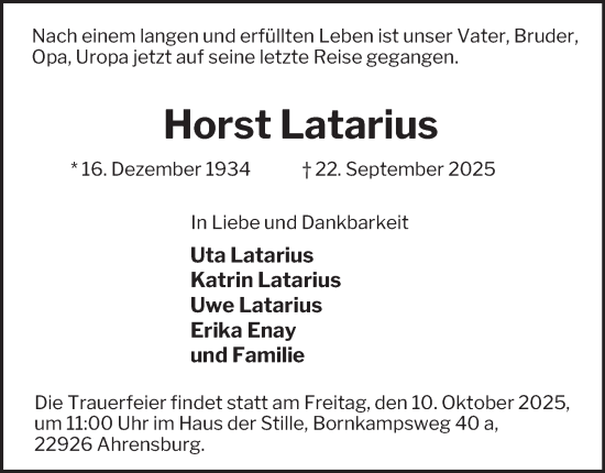 Traueranzeige von Horst Latarius von Hamburger Abendblatt