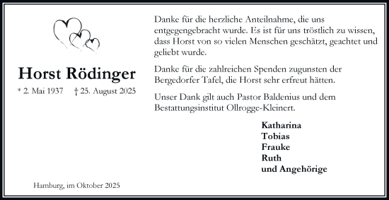 Traueranzeige von Horst Rödinger von Bergedorfer Zeitung