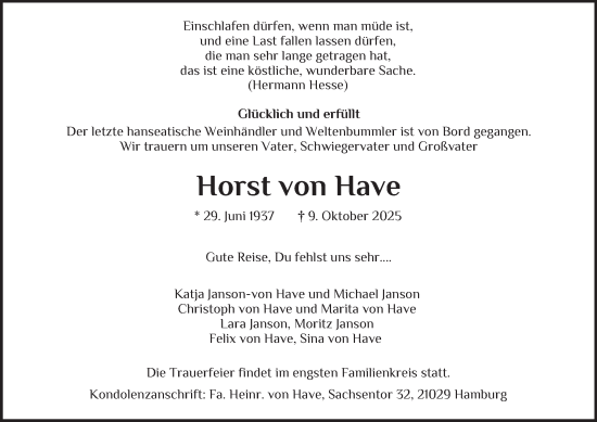 Traueranzeige von Horst von Have von Bergedorfer Zeitung
