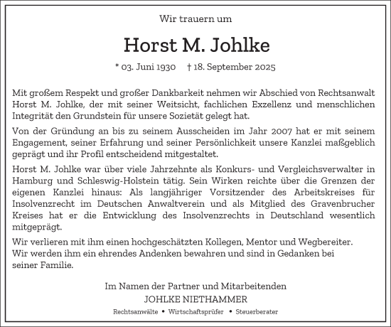 Traueranzeige von Horst M. Johlke von Hamburger Abendblatt