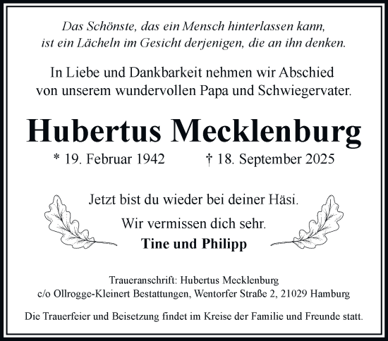 Traueranzeige von Hubertus Mecklenburg von Hamburger Abendblatt