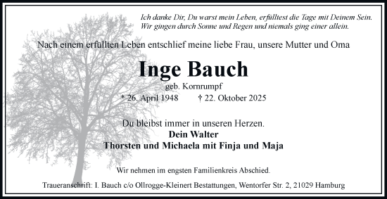Traueranzeige von Inge Bauch von Bergedorfer Zeitung