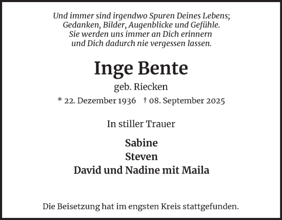 Traueranzeige von Inge Bente 