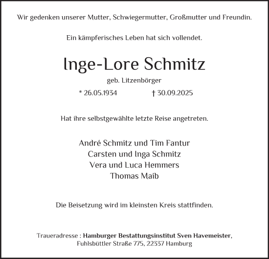 Traueranzeige von Inge-Lore Schmitz von Hamburger Abendblatt