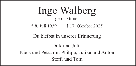 Traueranzeige von Inge Walberg von Hamburger Abendblatt