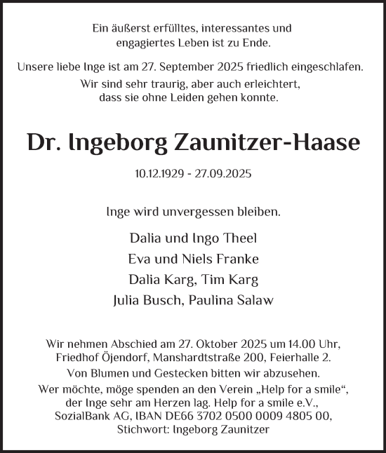 Traueranzeige von Ingeborg Zaunitzer-Haase von Hamburger Abendblatt