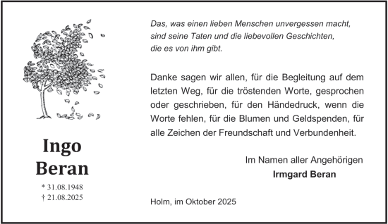Traueranzeige von Ingo Beran von Hamburger Abendblatt
