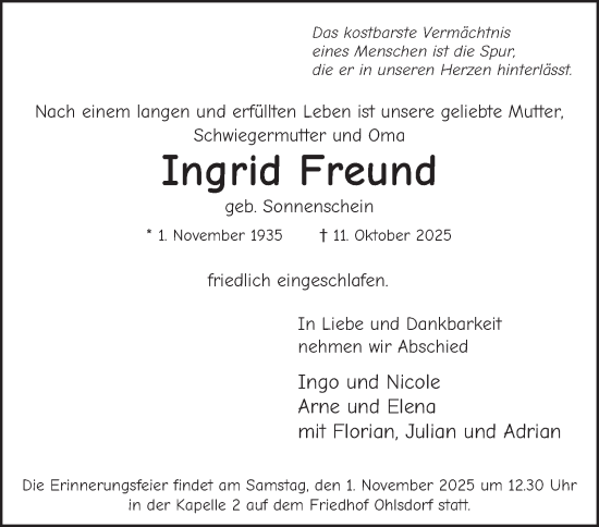 Traueranzeige von Ingrid Freund von Hamburger Abendblatt