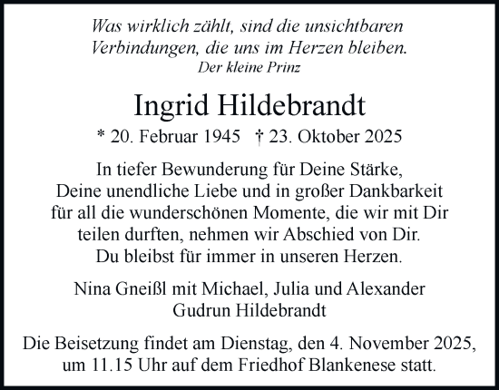 Traueranzeige von Ingrid Hildebrandt von Hamburger Abendblatt