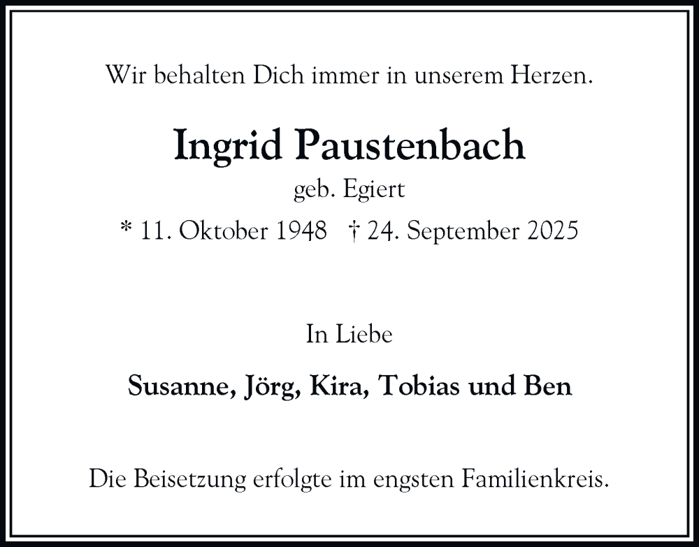  Traueranzeige für Ingrid Paustenbach vom 11.10.2025 aus HA Regio Norderstedt