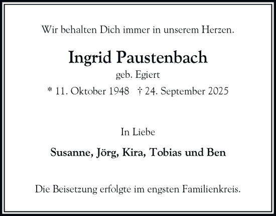 Traueranzeige von Ingrid Paustenbach von HA Regio Norderstedt