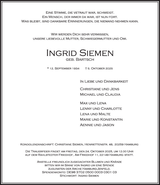 Traueranzeige von Ingrid Siemen von Hamburger Abendblatt