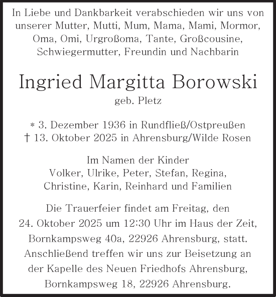 Traueranzeige von Ingried Margitta Borowski von Hamburger Abendblatt