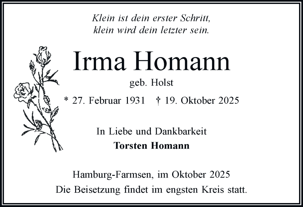  Traueranzeige für Irma Homann vom 25.10.2025 aus Hamburger Abendblatt