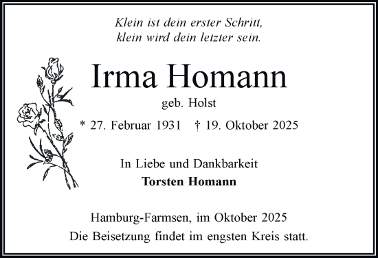Traueranzeige von Irma Homann von Hamburger Abendblatt