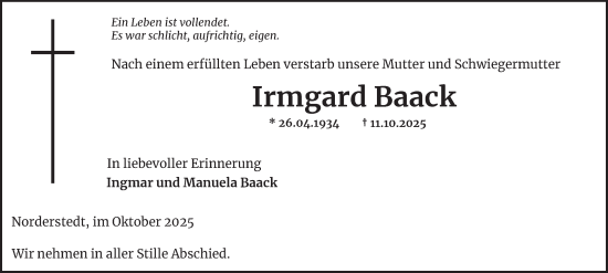 Traueranzeige von Irmgard Baack von HA Regio Norderstedt
