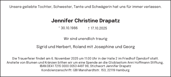Traueranzeige von Jennifer Christine Drapatz von Hamburger Abendblatt