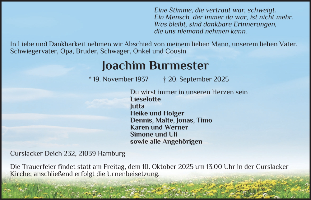  Traueranzeige für Joachim Burmester vom 04.10.2025 aus Bergedorfer Zeitung