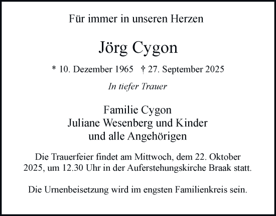 Traueranzeige von Jörg Cygon von Hamburger Abendblatt