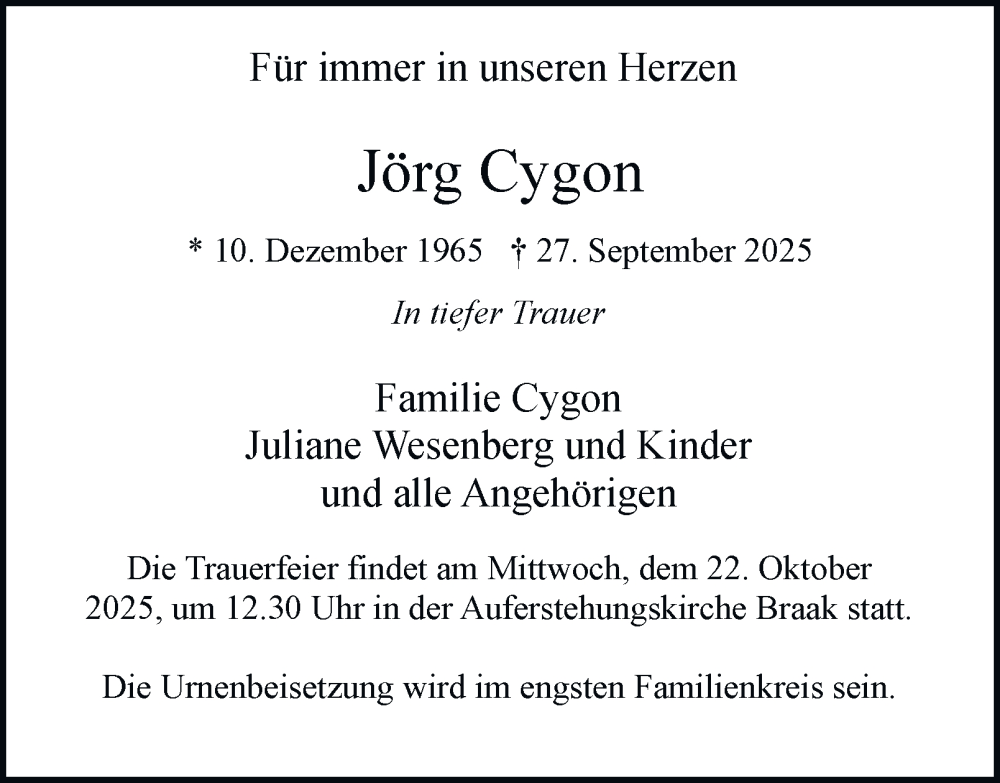  Traueranzeige für Jörg Cygon vom 18.10.2025 aus Hamburger Abendblatt
