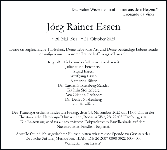 Traueranzeige von Jörg Rainer Essen von Hamburger Abendblatt