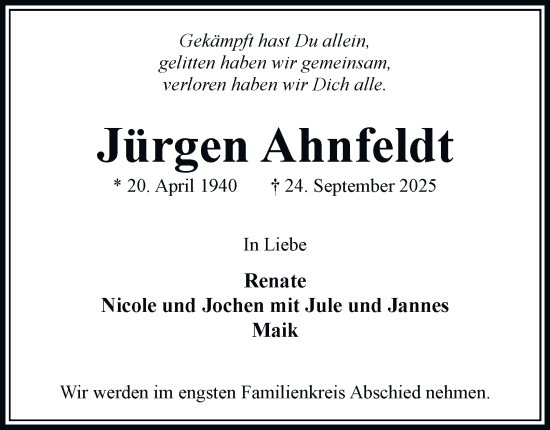 Traueranzeige von Jürgen Ahnfeldt von Bergedorfer Zeitung