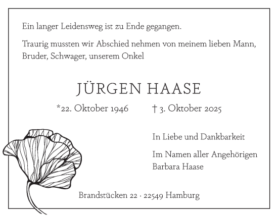 Traueranzeige von Jürgen Haase von Hamburger Abendblatt