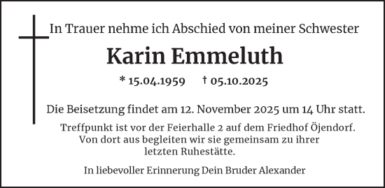 Traueranzeige von Karin Emmeluth von Hamburger Abendblatt