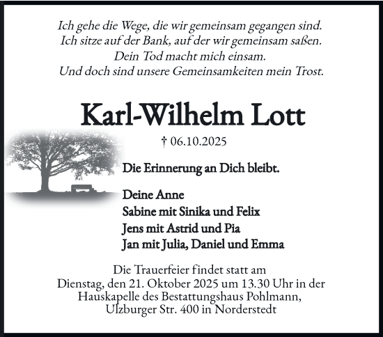 Traueranzeige von Karl-Wilhelm Lott von Hamburger Abendblatt