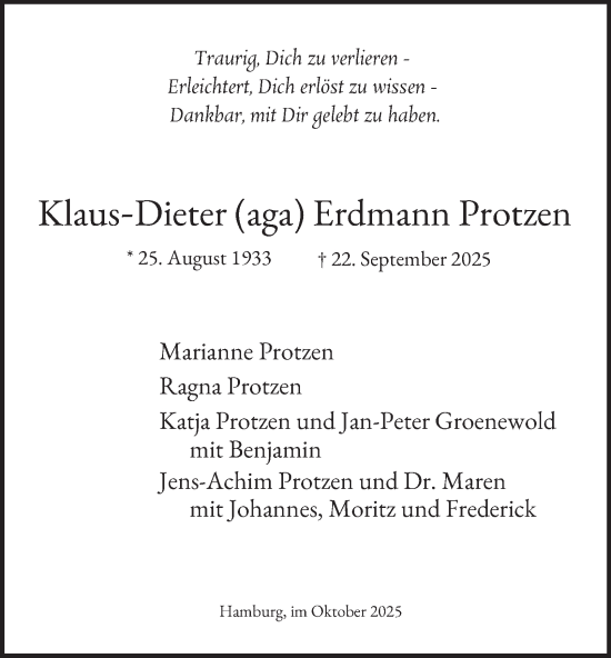 Traueranzeige von Klaus-Dieter Erdmann Protzen von Hamburger Abendblatt