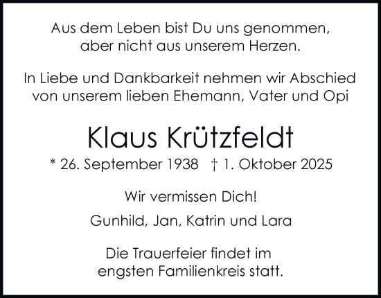 Traueranzeige von Klaus Krützfeldt von Hamburger Abendblatt