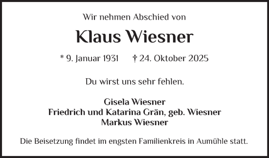 Traueranzeige von Klaus Wiesner von Hamburger Abendblatt