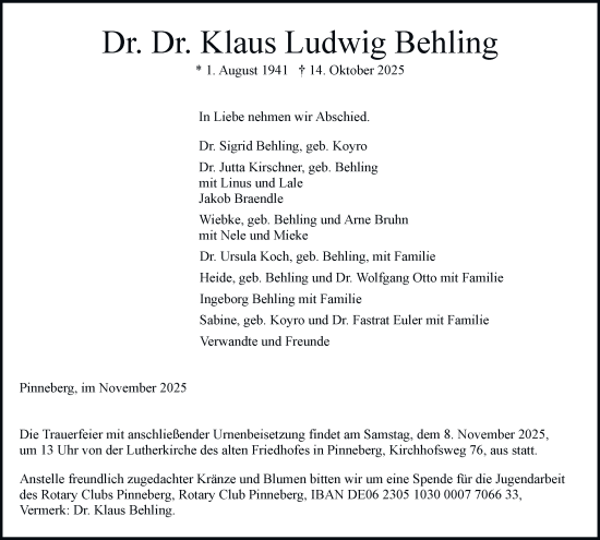 Traueranzeige von Klaus Ludwig Behling von Hamburger Abendblatt