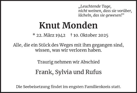 Traueranzeige von Knut Monden von Hamburger Abendblatt