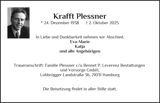Traueranzeige von Krafft Plessner von Bergedorfer Zeitung