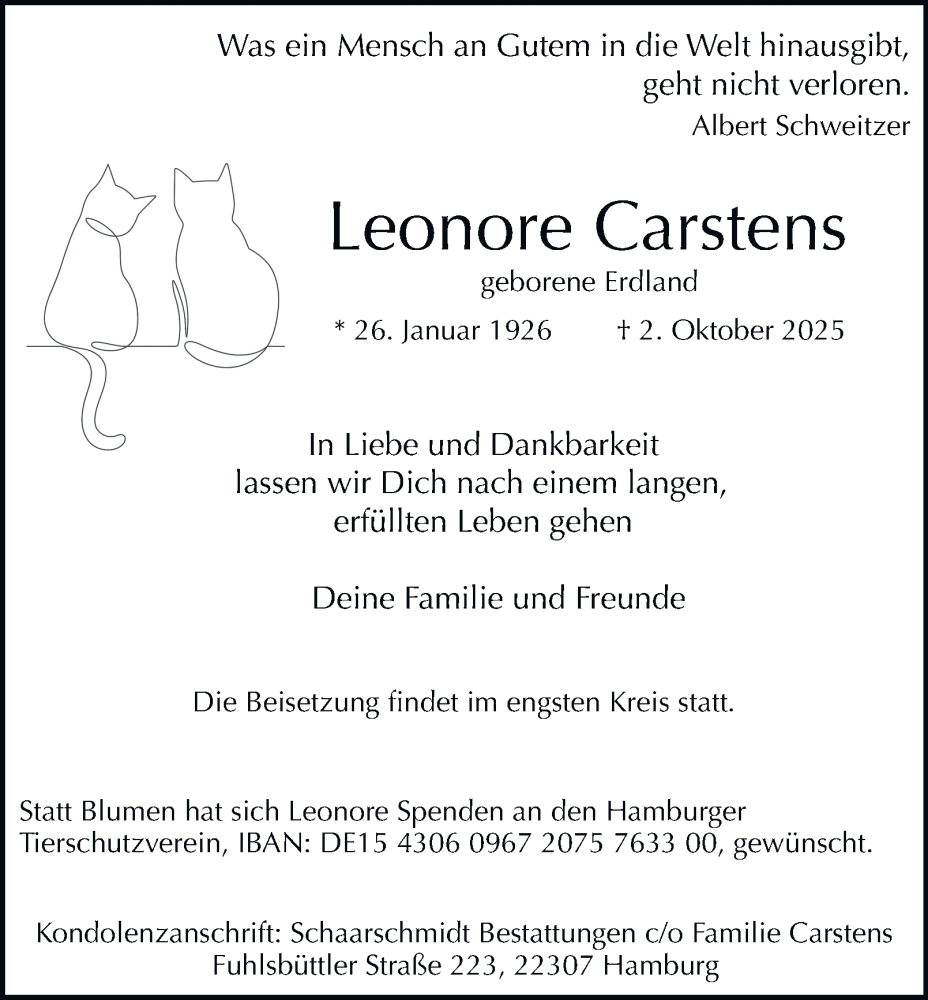  Traueranzeige für Leonore Carstens vom 11.10.2025 aus Hamburger Abendblatt