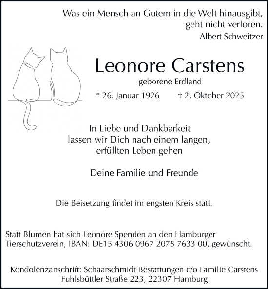 Traueranzeige von Leonore Carstens von Hamburger Abendblatt