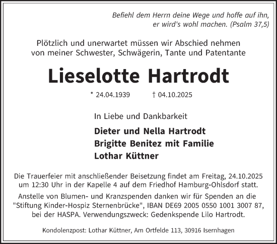Traueranzeige von Lieselotte Hartrodt von Hamburger Abendblatt