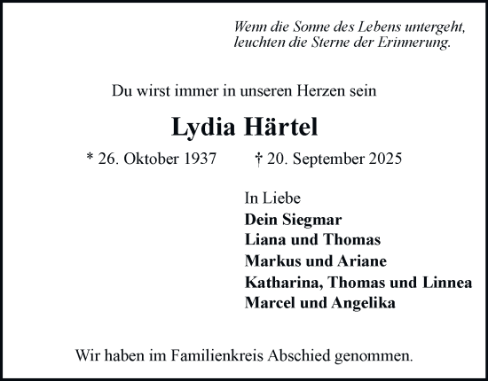 Traueranzeige von Lydia Härtel von Bergedorfer Zeitung