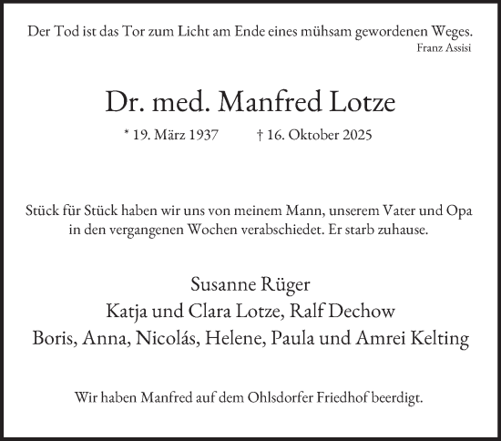 Traueranzeige von Manfred Lotze von Hamburger Abendblatt