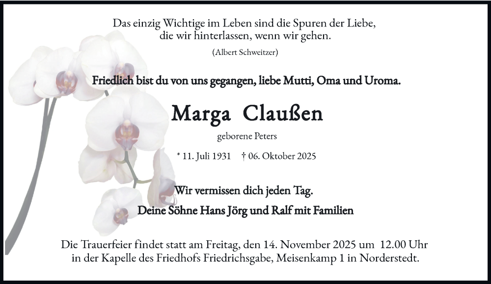 Traueranzeige für Marga Claußen vom 01.11.2025 aus Hamburger Abendblatt