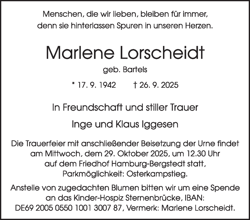  Traueranzeige für Marlene Lorscheidt vom 25.10.2025 aus Hamburger Abendblatt