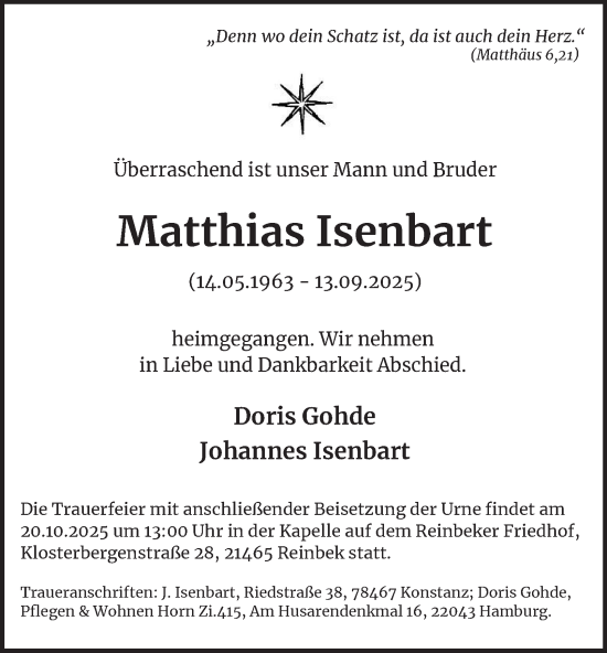 Traueranzeige von Matthias Isenbart von Hamburger Abendblatt