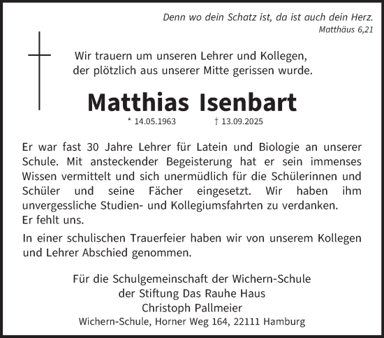 Traueranzeige von Matthias Isenbart von Hamburger Abendblatt