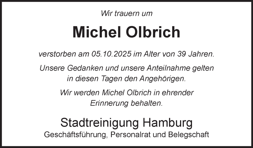  Traueranzeige für Michel Olbrich vom 11.10.2025 aus Hamburger Abendblatt