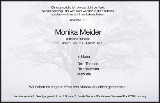 Traueranzeige von Monika Meider von Hamburger Abendblatt